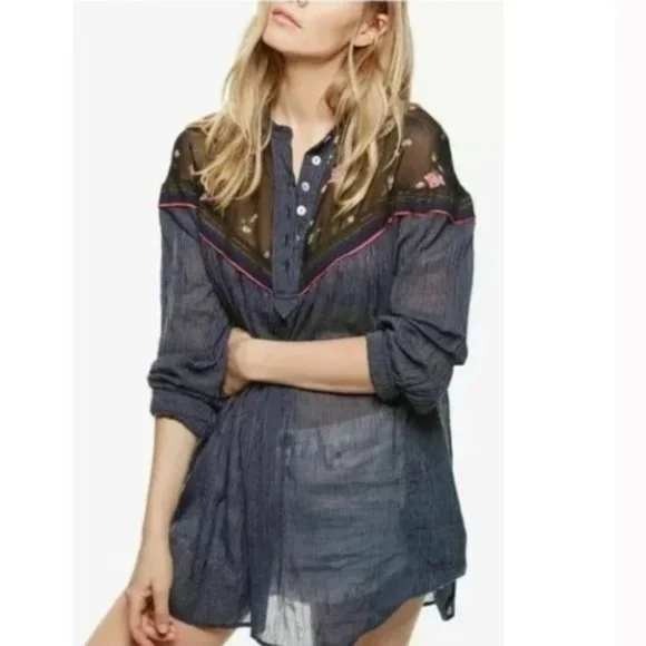 Free People Hearts and Colors Striped Tunic Blouse in Forest Green Size Large - Picture 2 of 9